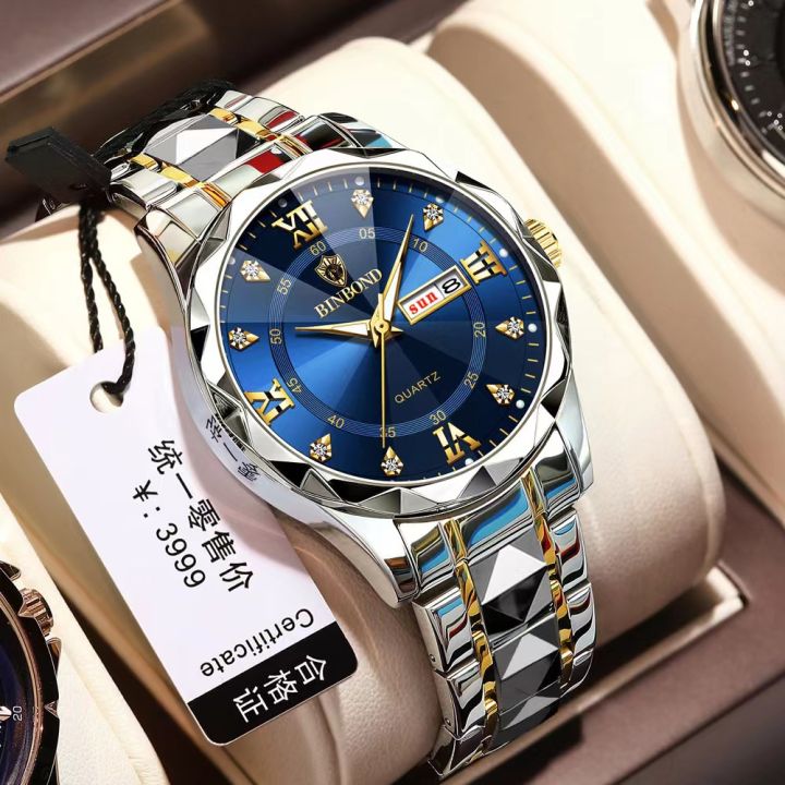 BINBOND 2521 Men’s Luxury Stainless Steel Fashion Business Watch Luminous Dual Calendar Quartz Wrist Watch